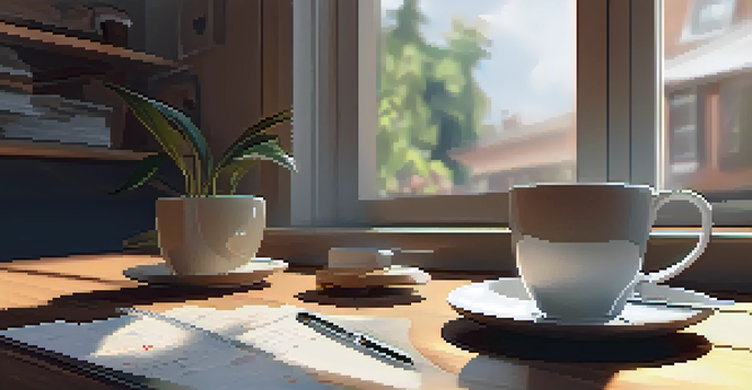 A cozy cafe workspace featuring a laptop with a calendar app, a cup of coffee, and soft afternoon light illuminating the wooden table.