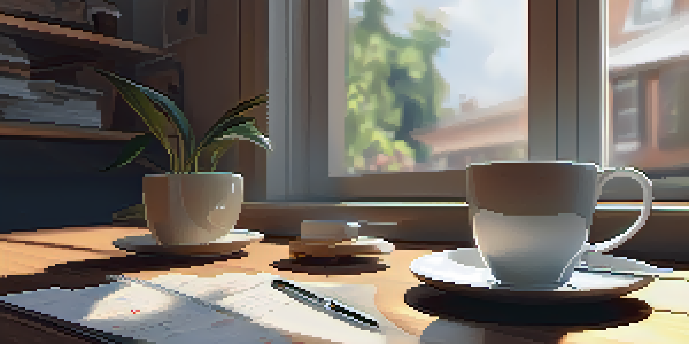 A cozy cafe workspace featuring a laptop with a calendar app, a cup of coffee, and soft afternoon light illuminating the wooden table.