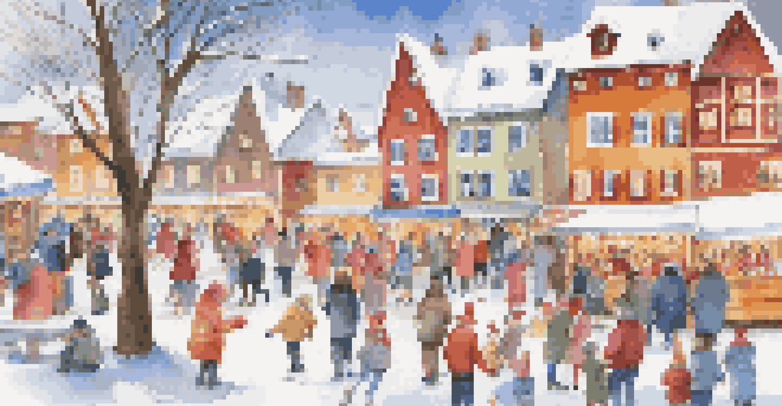 A vibrant winter festival in a village square with people enjoying the festivities and ice skating.