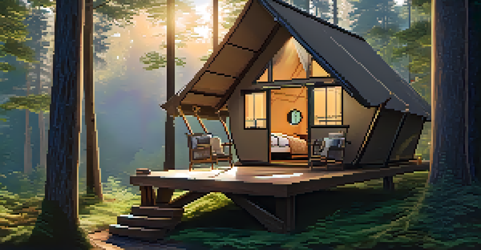 A charming treehouse glamping setup with a deck and hammock, surrounded by trees and a view of the forest in morning light.