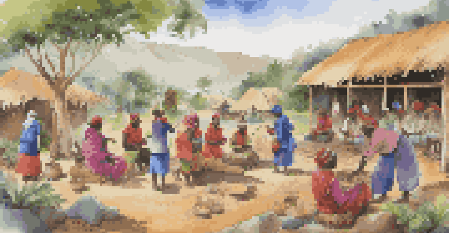 Local community gathering for a conservation project, featuring traditional clothing and natural landscapes in the background.