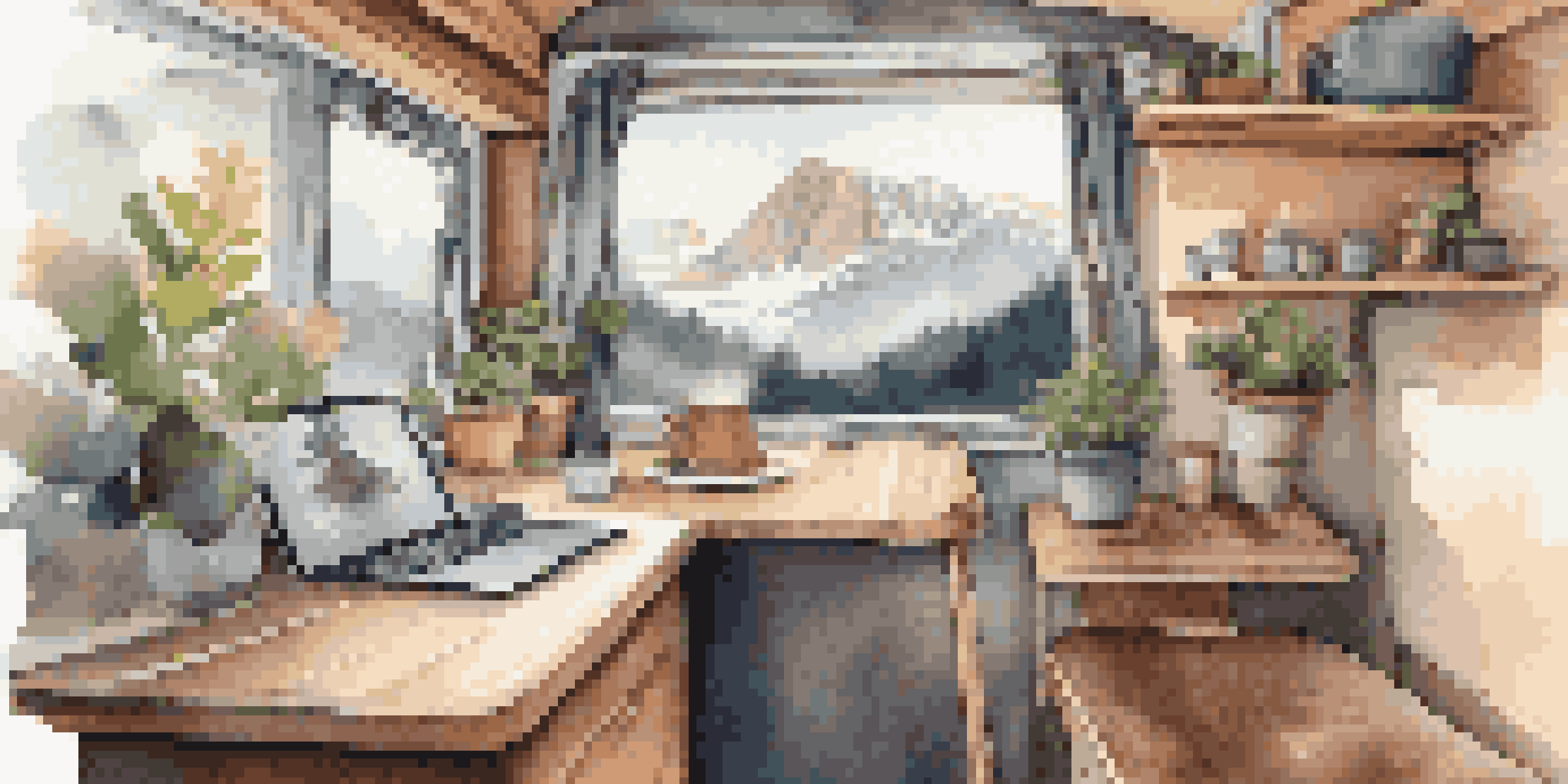 A cozy van interior featuring a desk with a laptop and coffee, illuminated by natural light, with a view of mountains outside.