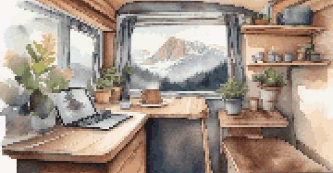 A cozy van interior featuring a desk with a laptop and coffee, illuminated by natural light, with a view of mountains outside.