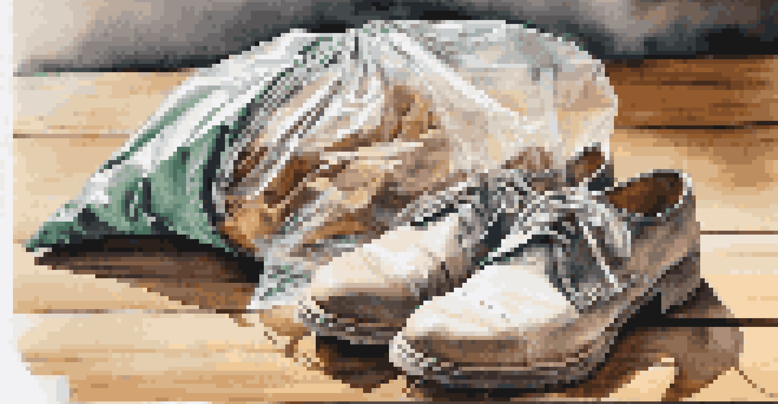 Shoes wrapped in transparent resealable plastic bags on a wooden surface, highlighting their colors.