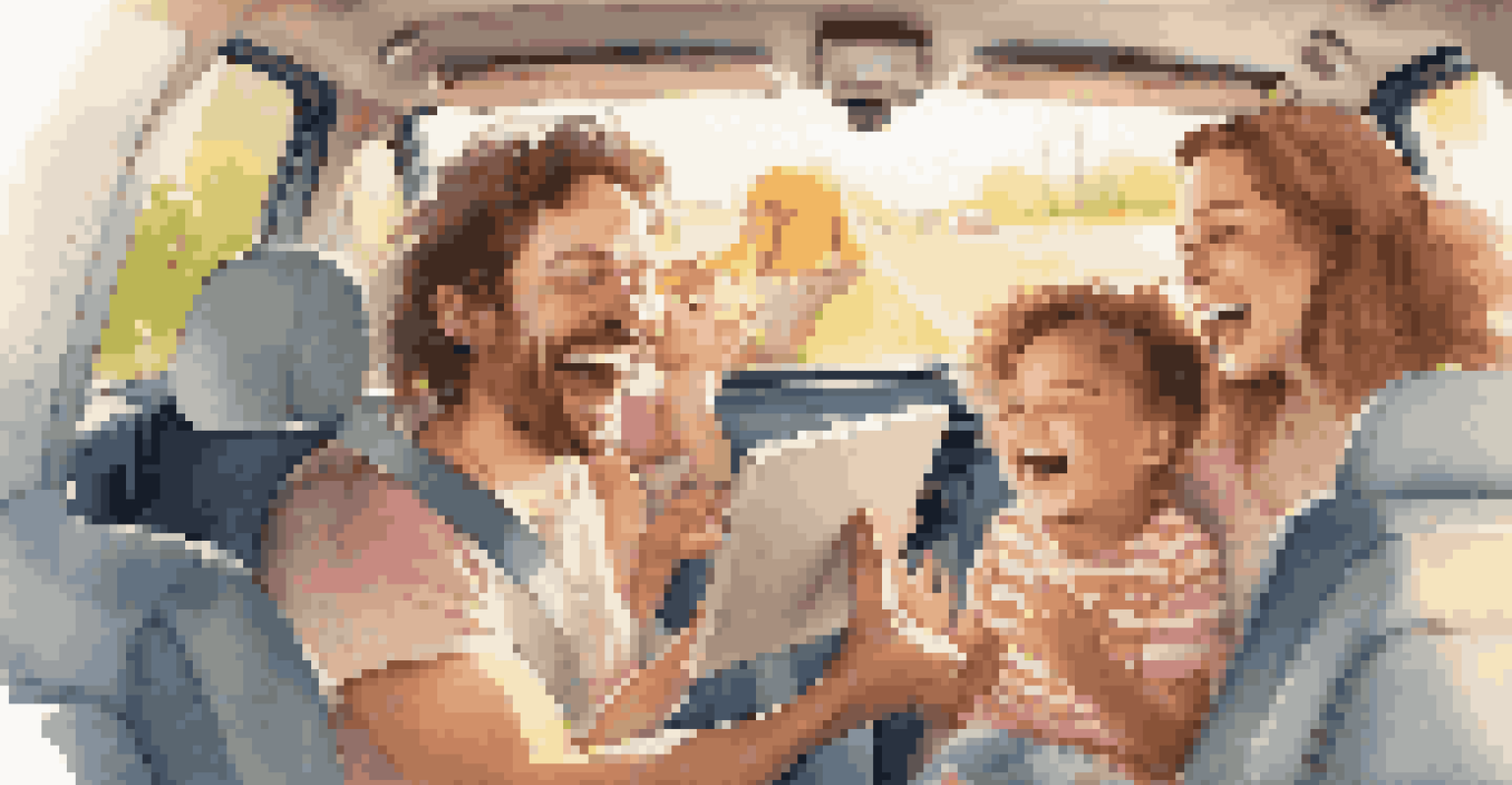 A family in a car singing and dancing along to music from a tablet, with a bright and cheerful ambiance.