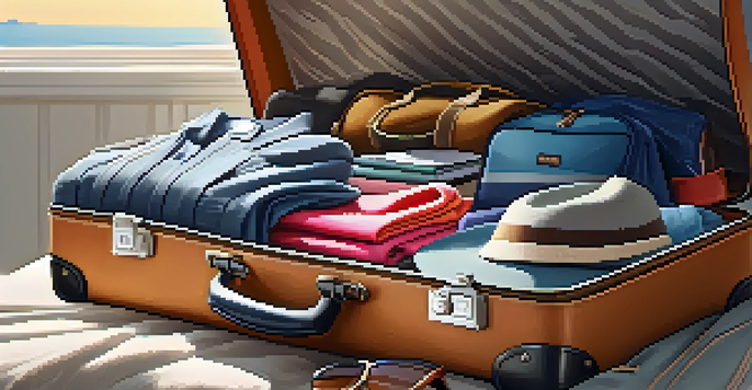 An open suitcase on a bed, filled with neatly rolled clothing, packing cubes, and travel accessories, in a brightly lit room.