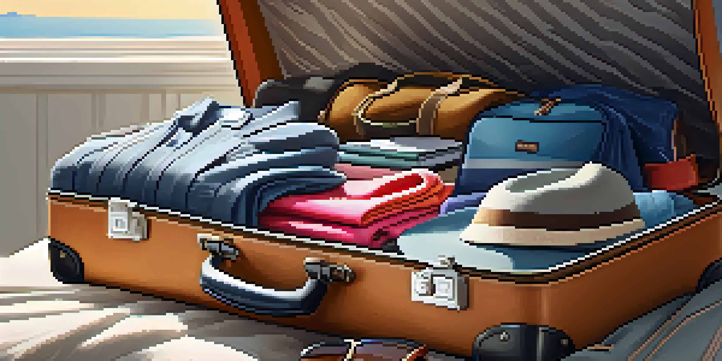 An open suitcase on a bed, filled with neatly rolled clothing, packing cubes, and travel accessories, in a brightly lit room.