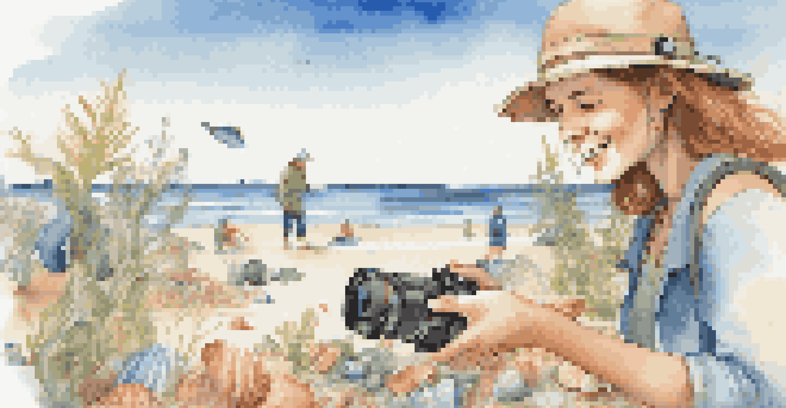 A traveler documenting marine life during a beach clean-up, surrounded by sandy beach, shells, and plants under a bright blue sky.
