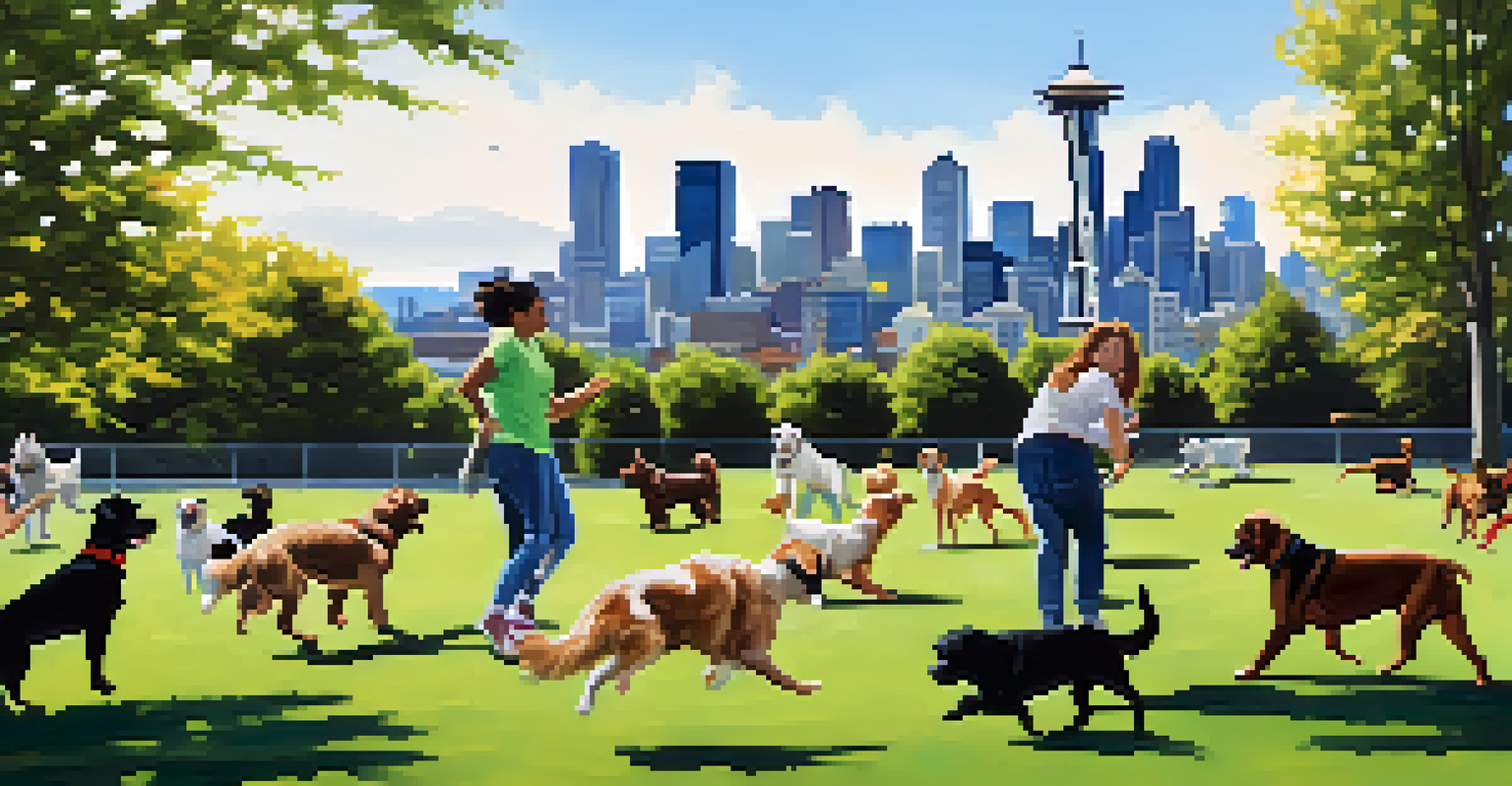 Dogs of different breeds playing in a park with the Seattle skyline in the background.