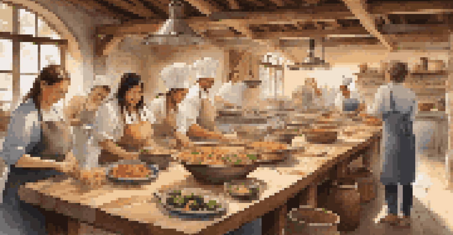 A rustic kitchen where a diverse group participates in a cooking class featuring local cuisine.