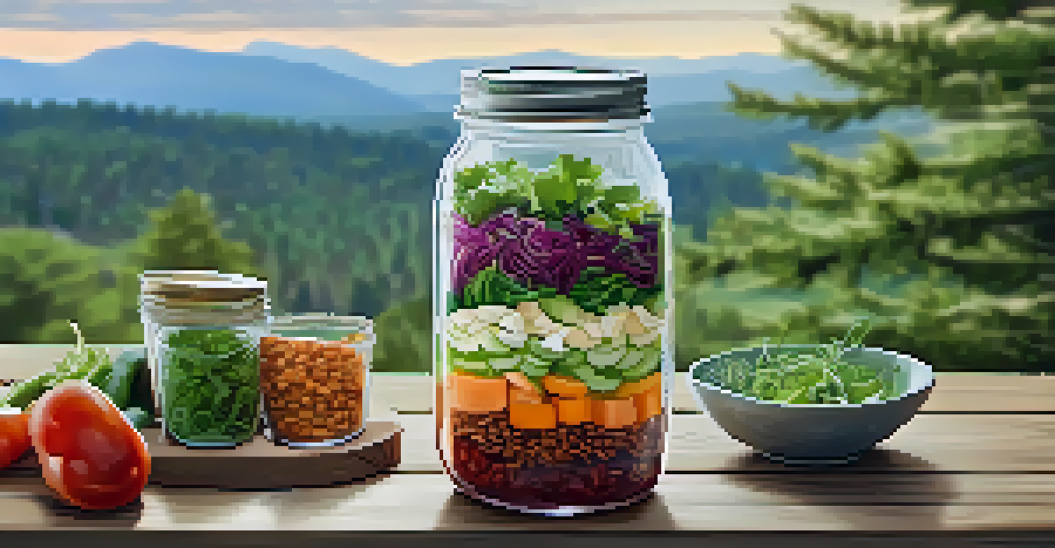 A mason jar salad with colorful layers of vegetables and grains, set on a wooden table with a scenic road view.