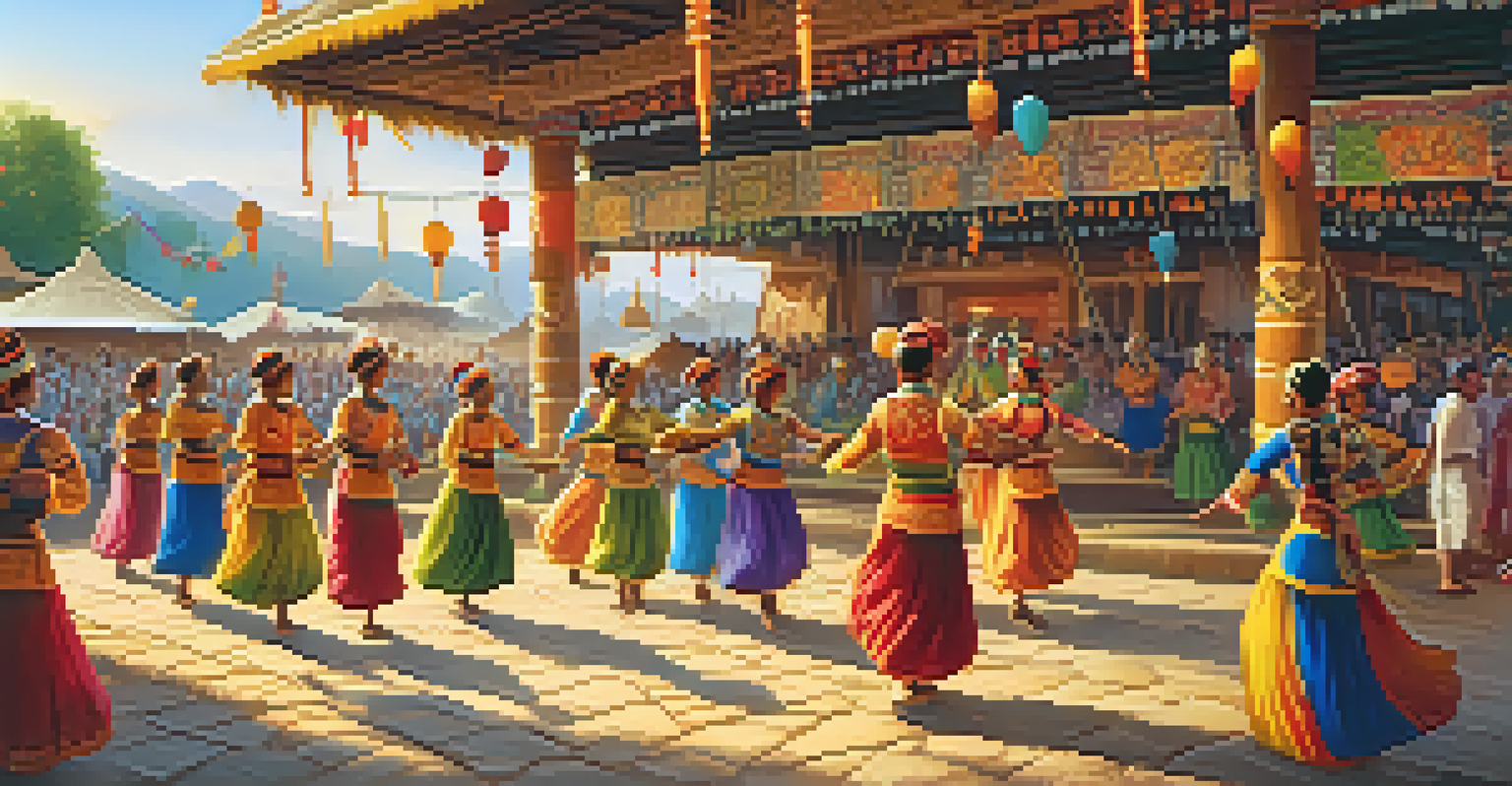 A cultural festival with dancers in colorful costumes celebrating under a sunset.