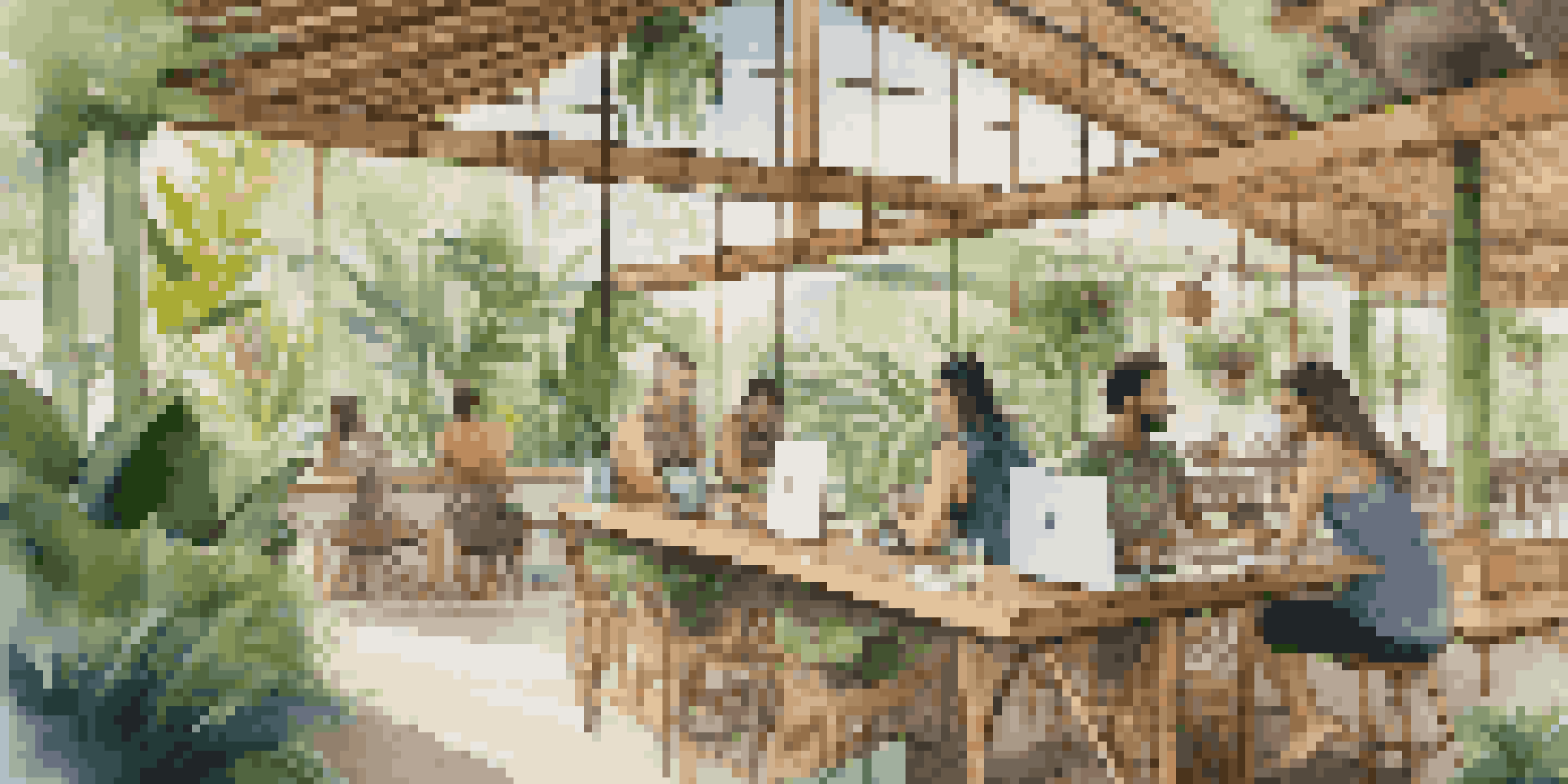 A bright and airy co-working space in Bali with bamboo architecture, lush surroundings, and people working on laptops.