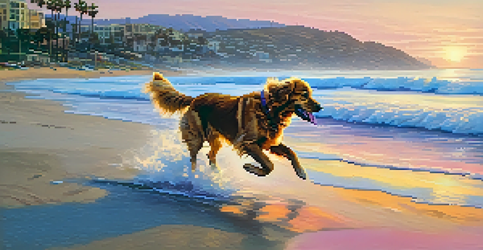A golden retriever running on a sandy beach at sunset, with waves and palm trees in the background.
