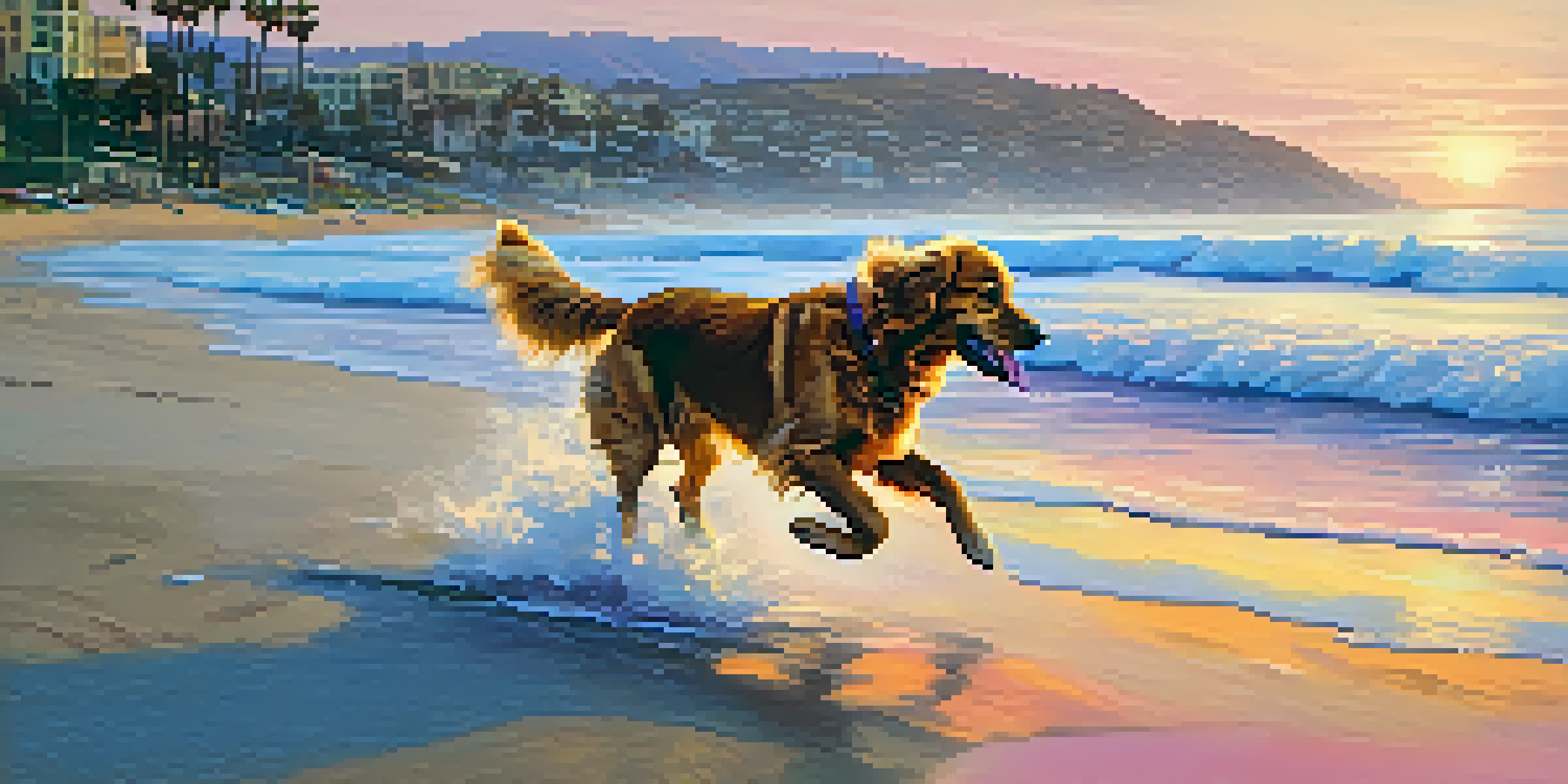 A golden retriever running on a sandy beach at sunset, with waves and palm trees in the background.