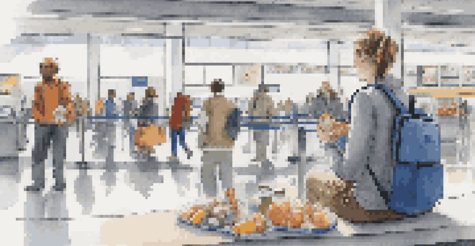 A traveler in an airport terminal with a backpack and a reusable water bottle, surrounded by organized snack containers.