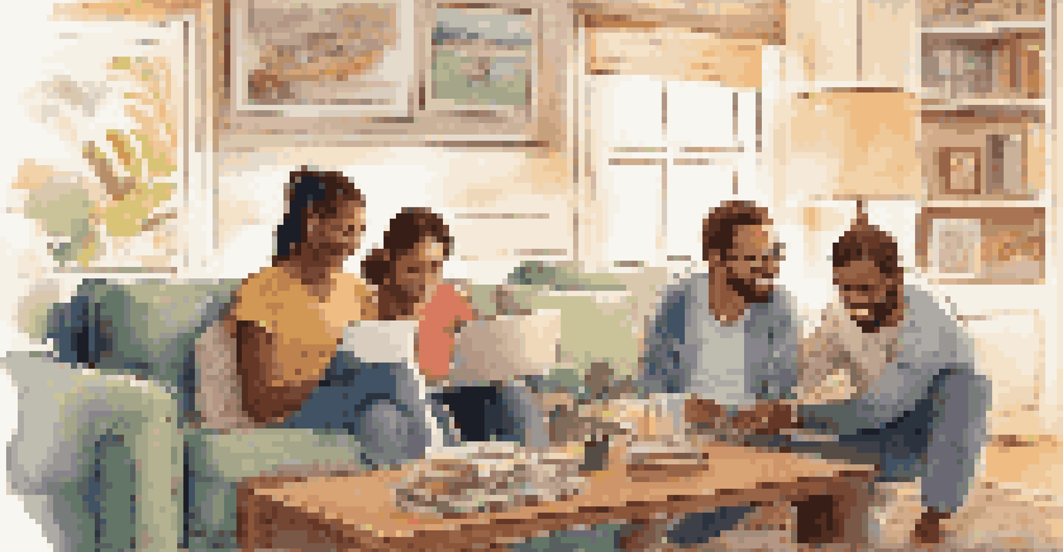 A family discussing cruise travel insurance options around a laptop in a cozy living room filled with travel brochures.