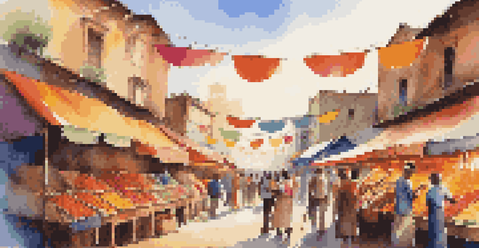 A lively market filled with colorful stalls and people enjoying the vibrant atmosphere during sunset.