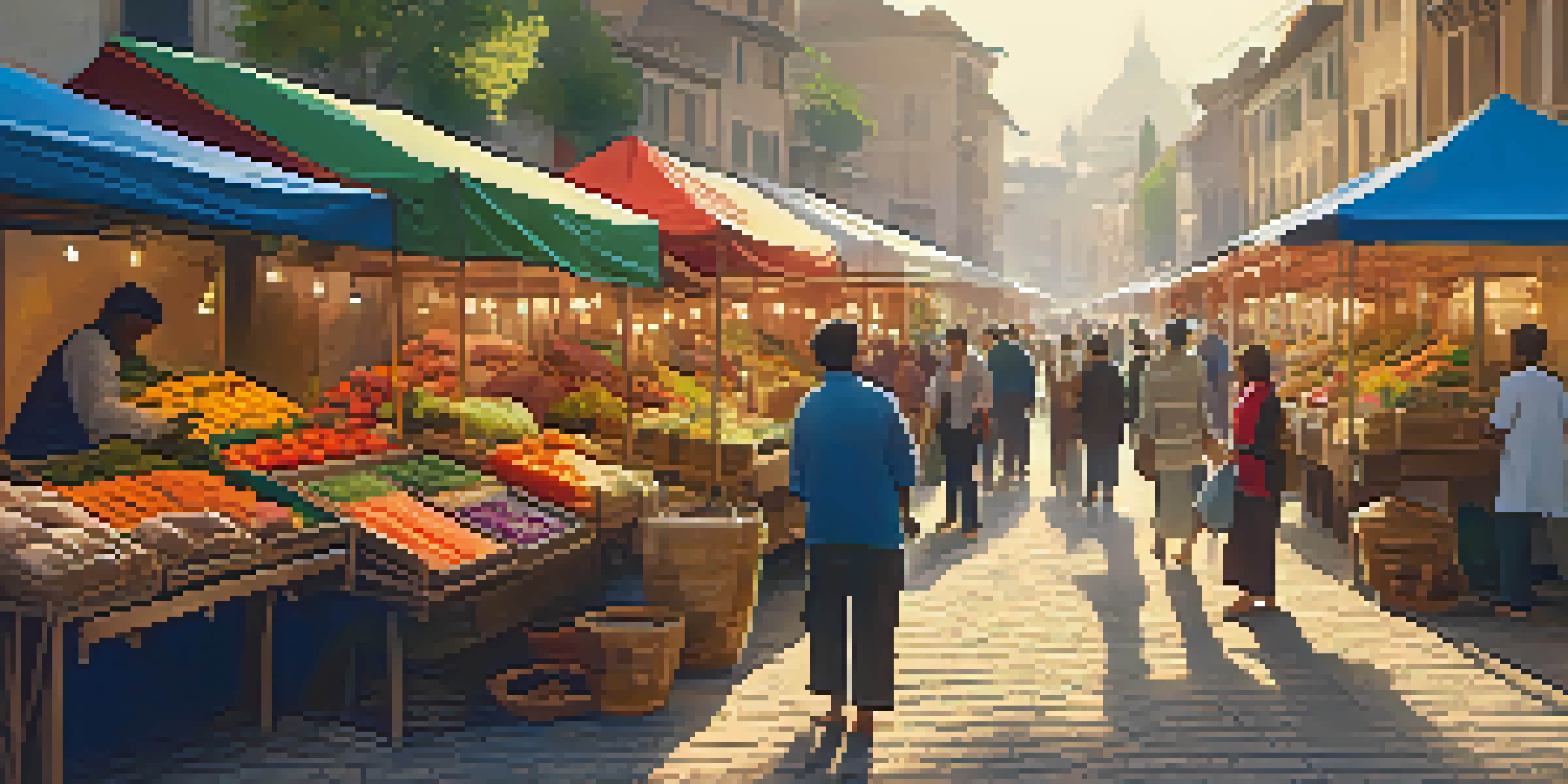 A bustling outdoor market with colorful stalls and local artisans engaging with travelers, filled with sunlight and vibrant colors.