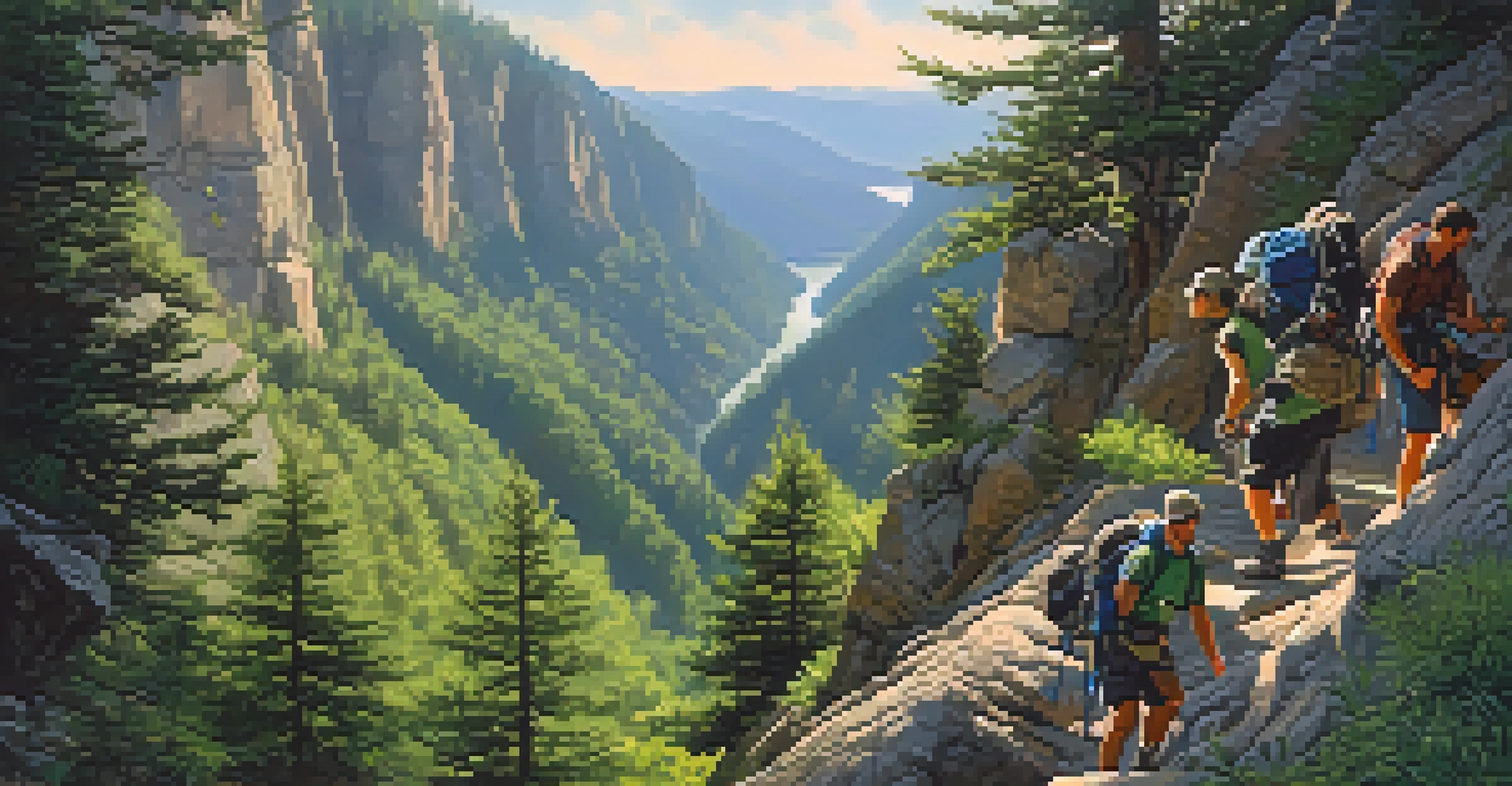 A group of climbers working together on a rugged mountain trail surrounded by nature.