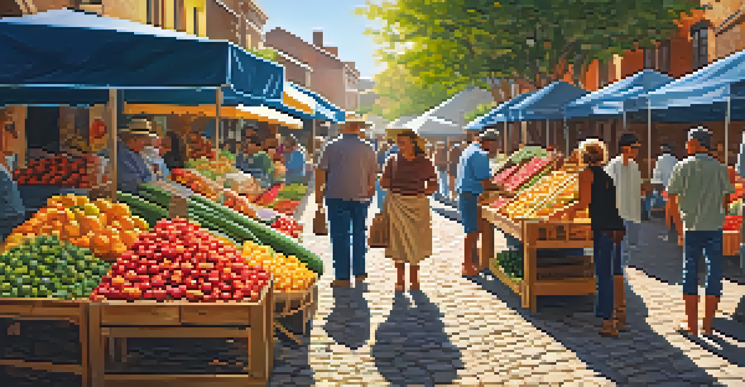 A bustling marketplace with colorful fruits, vegetables, and shoppers engaging with vendors under warm sunlight.