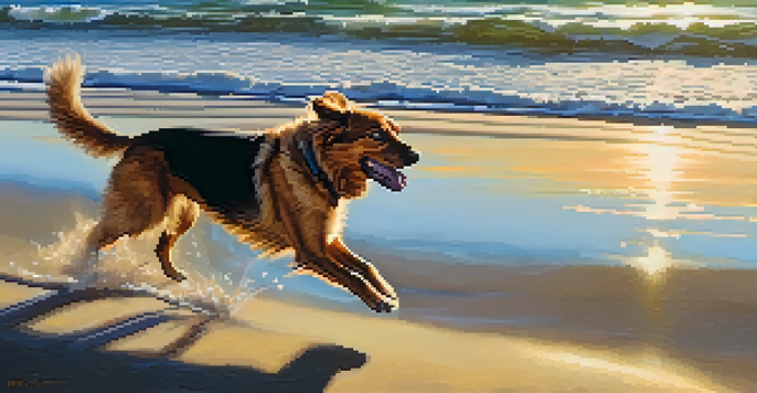 A happy dog running on Carmel Beach with the ocean and sunset in the background.