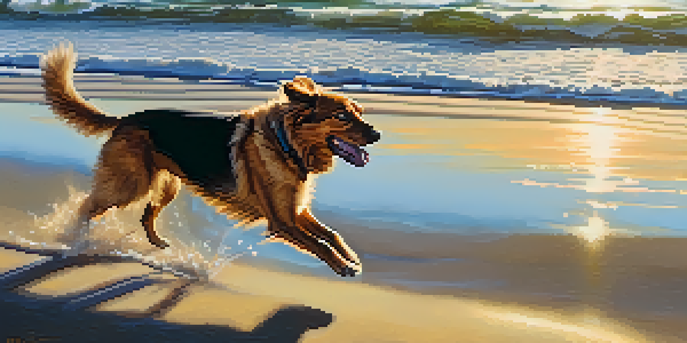 A happy dog running on Carmel Beach with the ocean and sunset in the background.