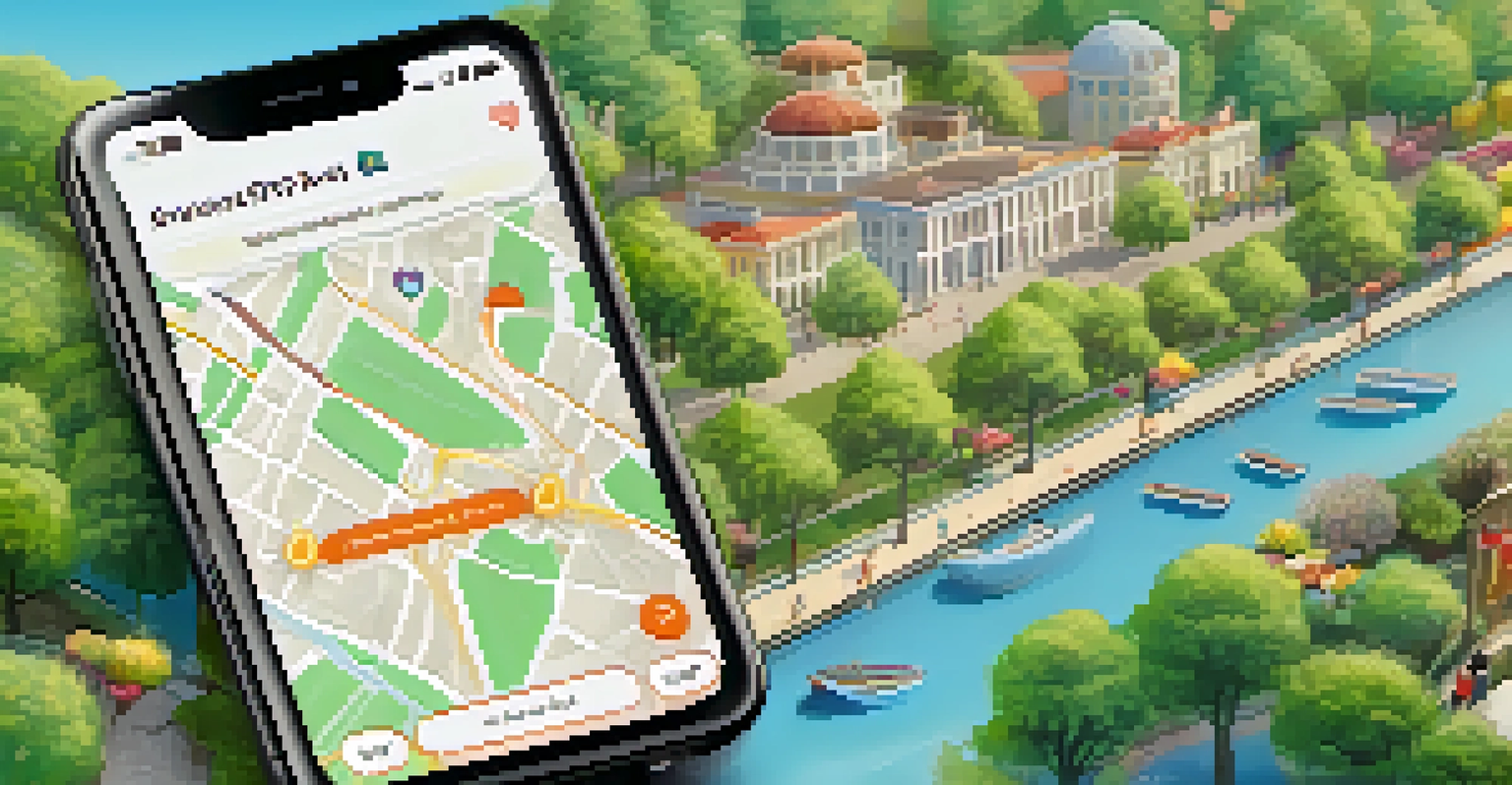 A smartphone showing a travel app interface with navigation and recommendations, set against a sunny park backdrop.