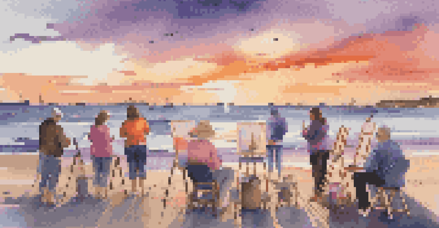 A group of people painting on the beach during sunset with vibrant colors in the sky and calm ocean waves.