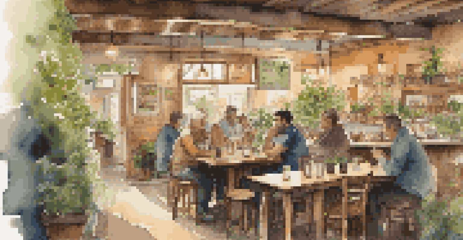 A traveler enjoying coffee in a cozy café, interacting with a local, surrounded by a warm atmosphere.