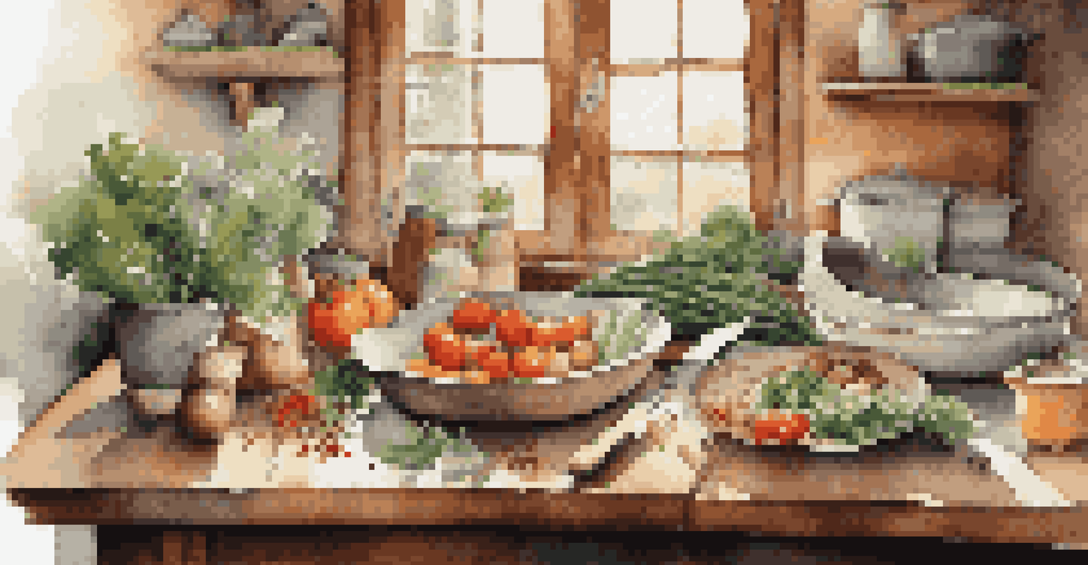 A cozy kitchen table set with fresh ingredients and a cutting board, illuminated by natural light.