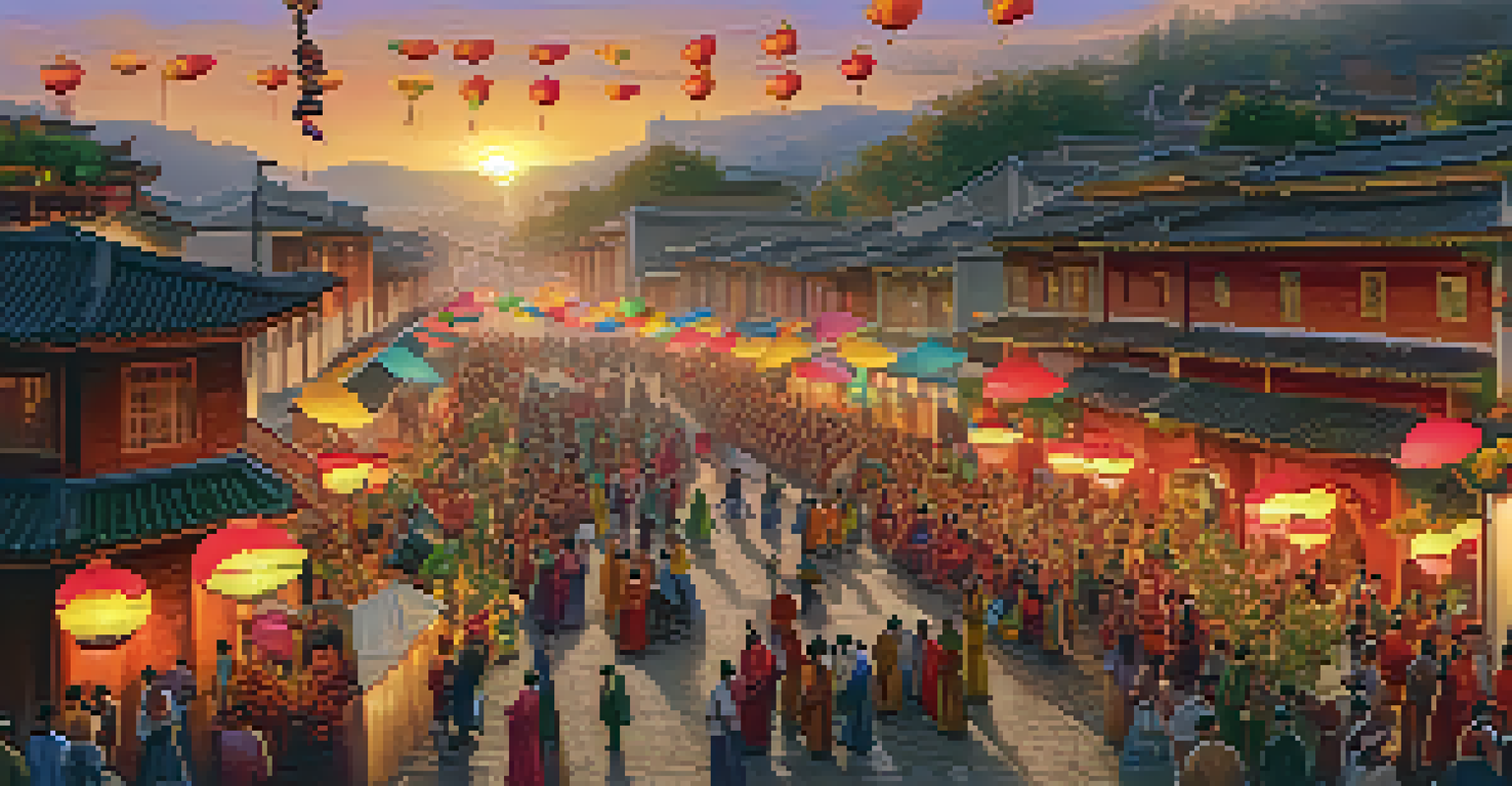 A lively cultural festival with locals in traditional attire celebrating with music and dance, decorated streets, and tourists joining in the festivities at sunset.