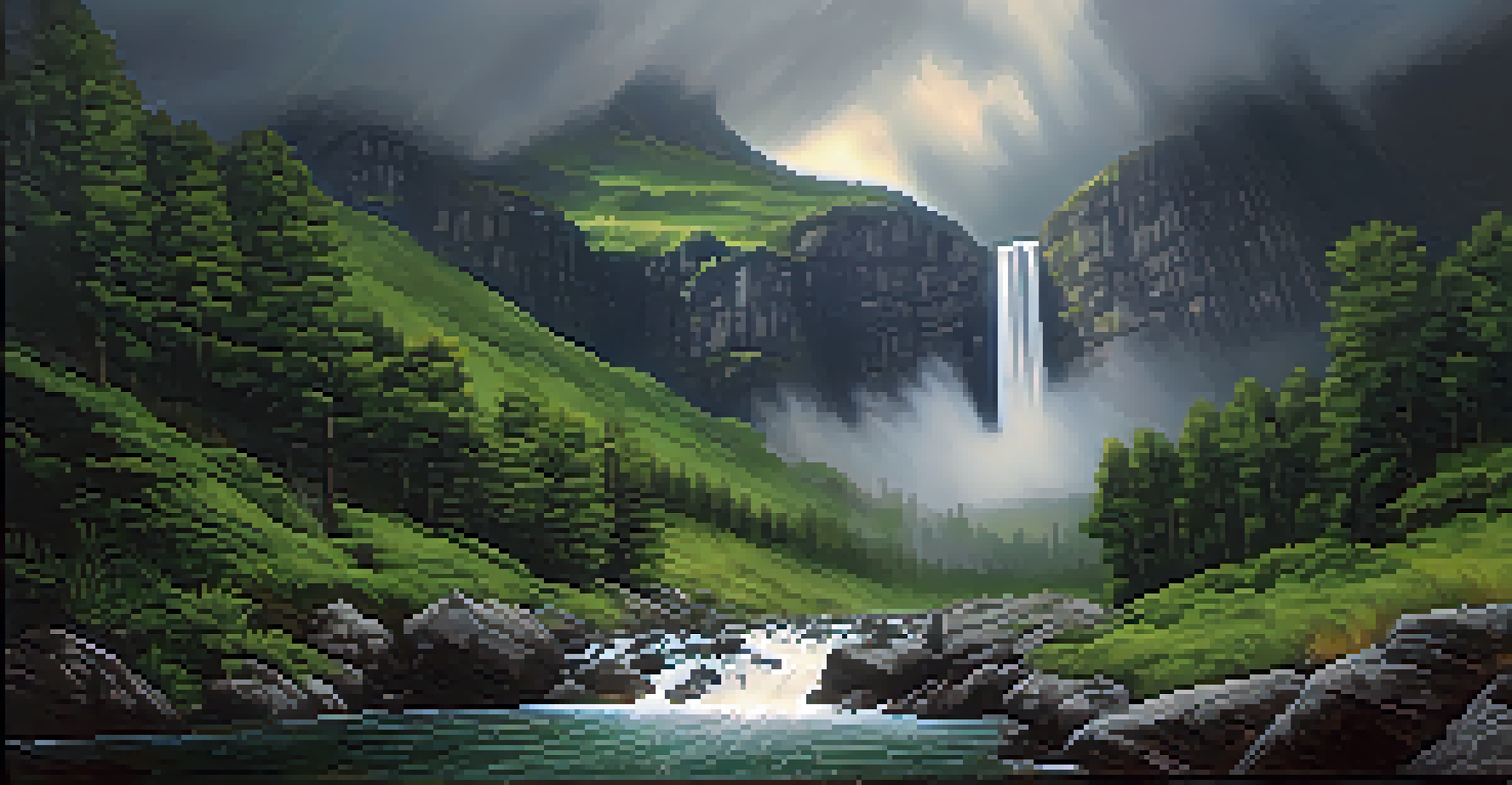 A powerful mountain scene with a waterfall and dark storm clouds, evoking a sense of drama and natural beauty.