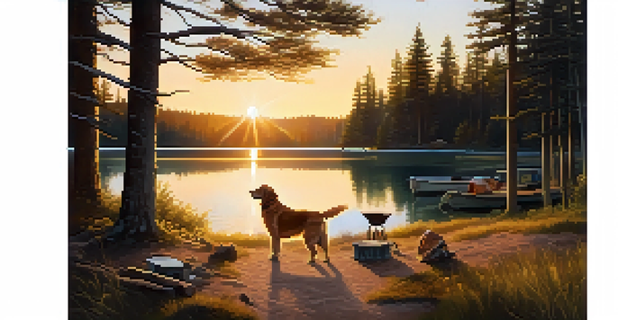 A picturesque campsite with a dog playing by a lake at sunset, and a tent nearby.