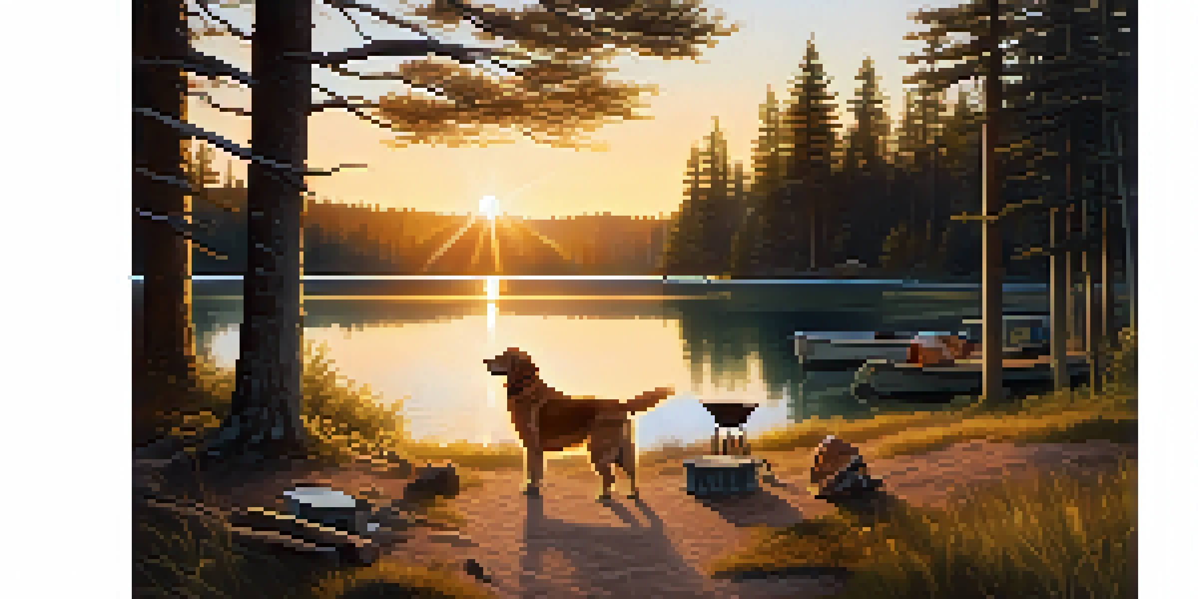 A picturesque campsite with a dog playing by a lake at sunset, and a tent nearby.