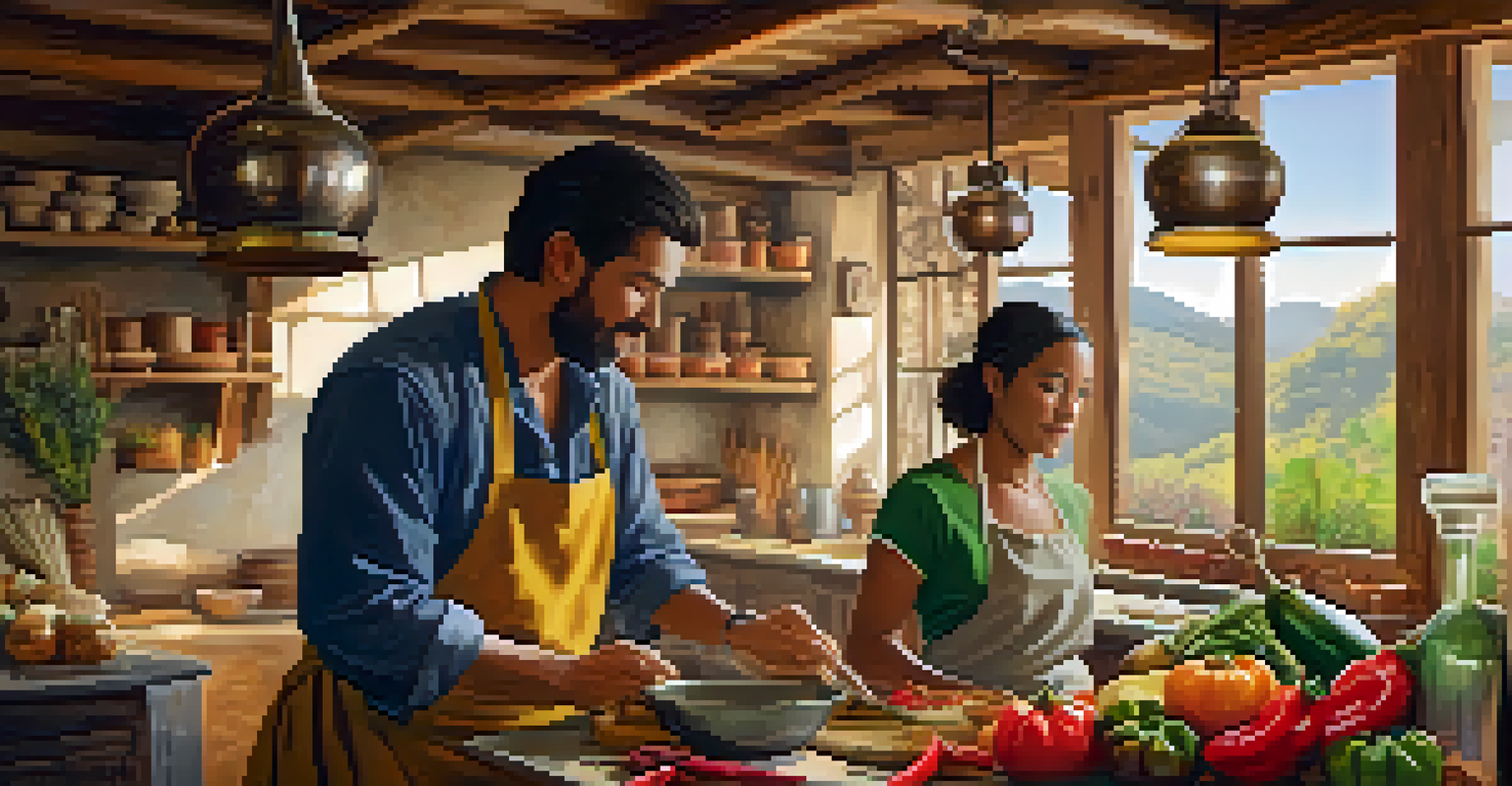 A traveler engaged in a cooking class with a local chef in a rustic kitchen, surrounded by fresh ingredients and spices.