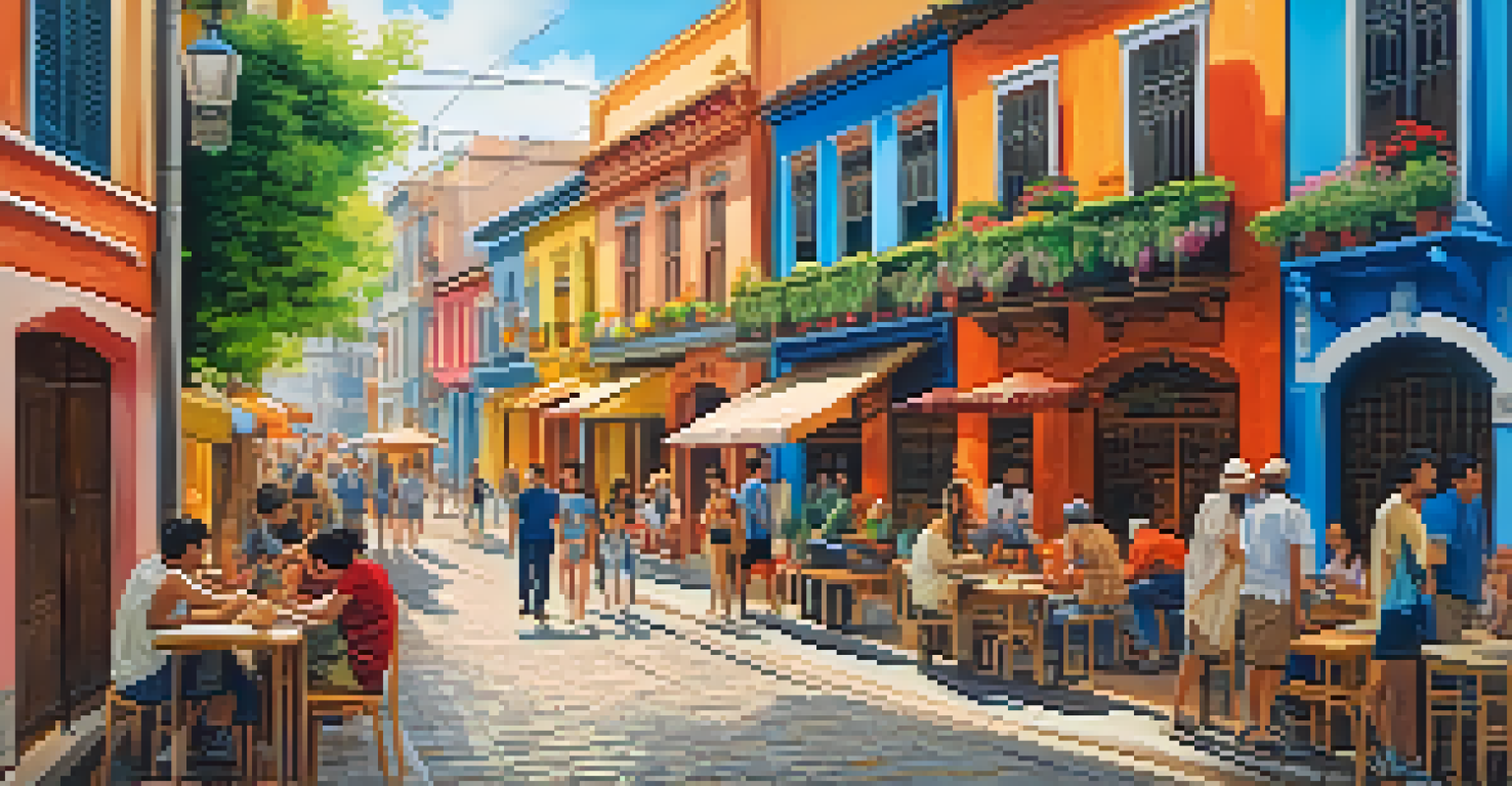 A traveler and a local connect with smiles and gestures on a vibrant street filled with colorful buildings.