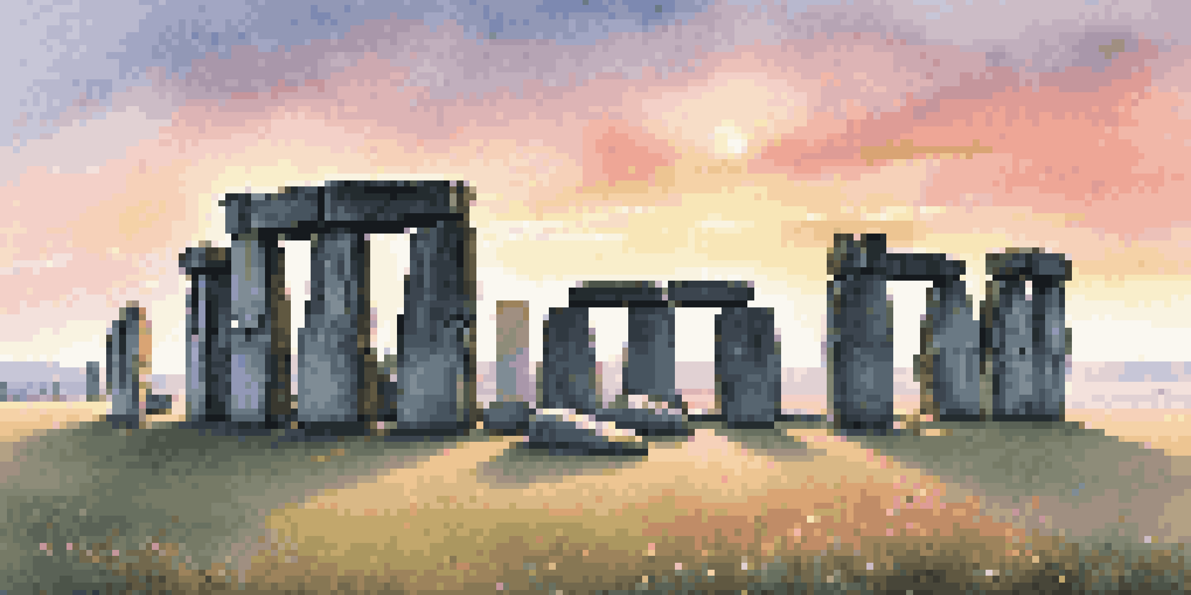 A serene sunrise view of Stonehenge, with soft colors in the sky and mist surrounding the ancient stones.