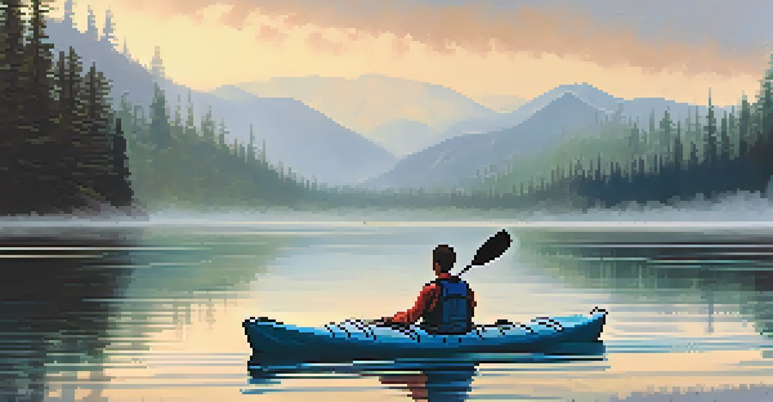 A person kayaking on a tranquil lake surrounded by forests, with mist on the water and mountains in the background, emphasizing mindfulness in nature.