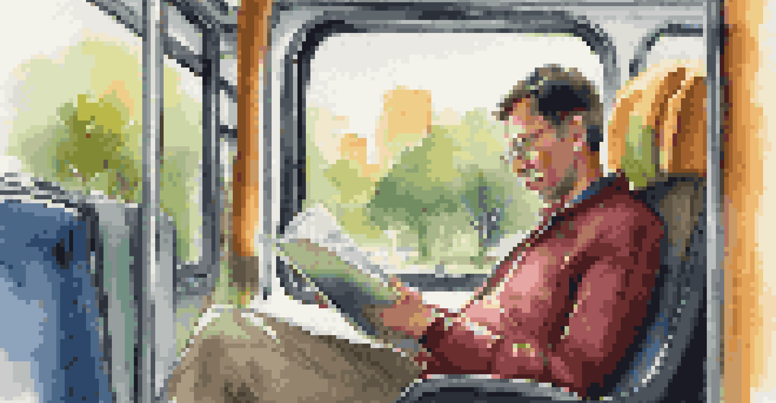 A commuter reading a book on a modern bus with a view of the city street outside.