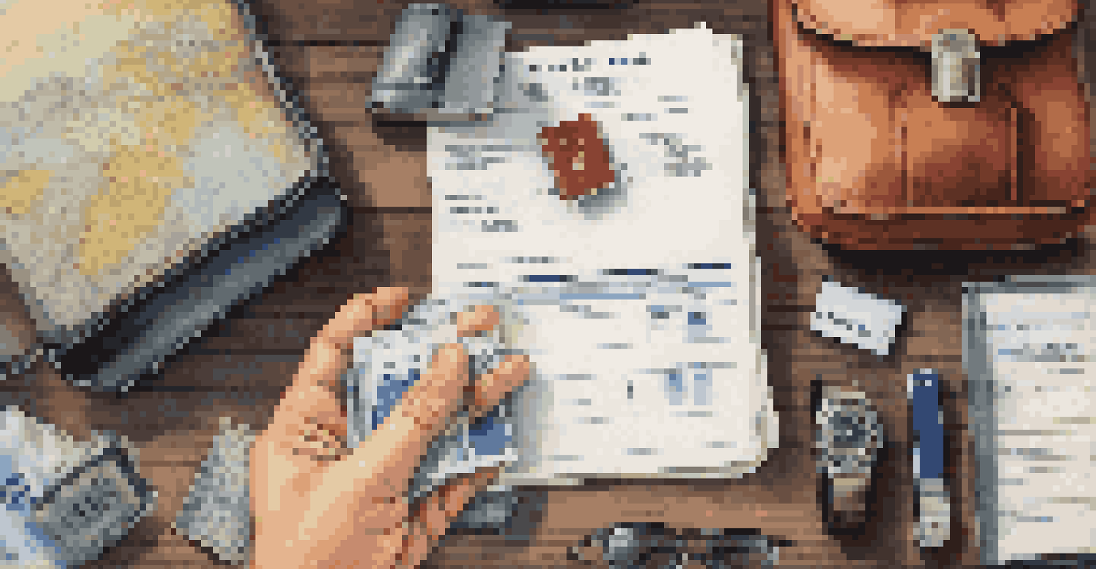 A close-up of travel documents and a packed suitcase on a textured wooden table.