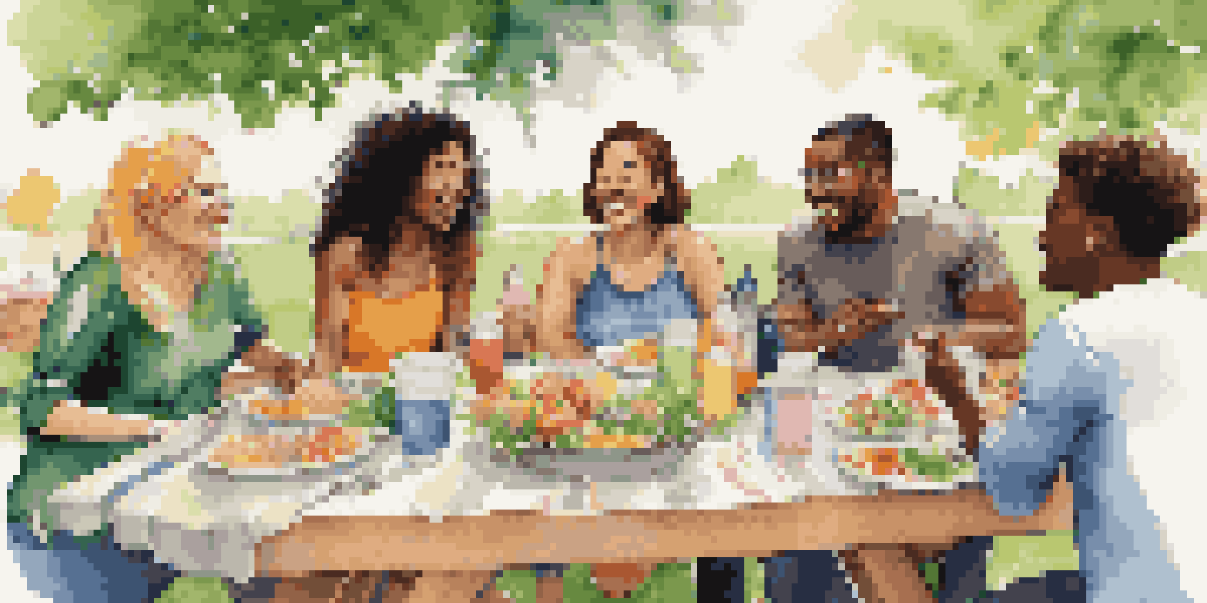 A diverse group of friends enjoying a potluck picnic in a sunny park, filled with colorful food and laughter.