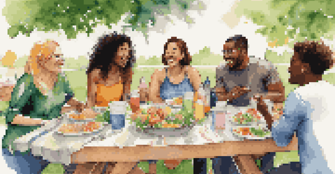 A diverse group of friends enjoying a potluck picnic in a sunny park, filled with colorful food and laughter.
