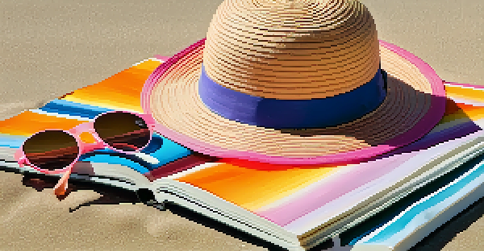 A tranquil beach setting at sunset with a sunhat, sunglasses, and an open travel journal on a beach towel.