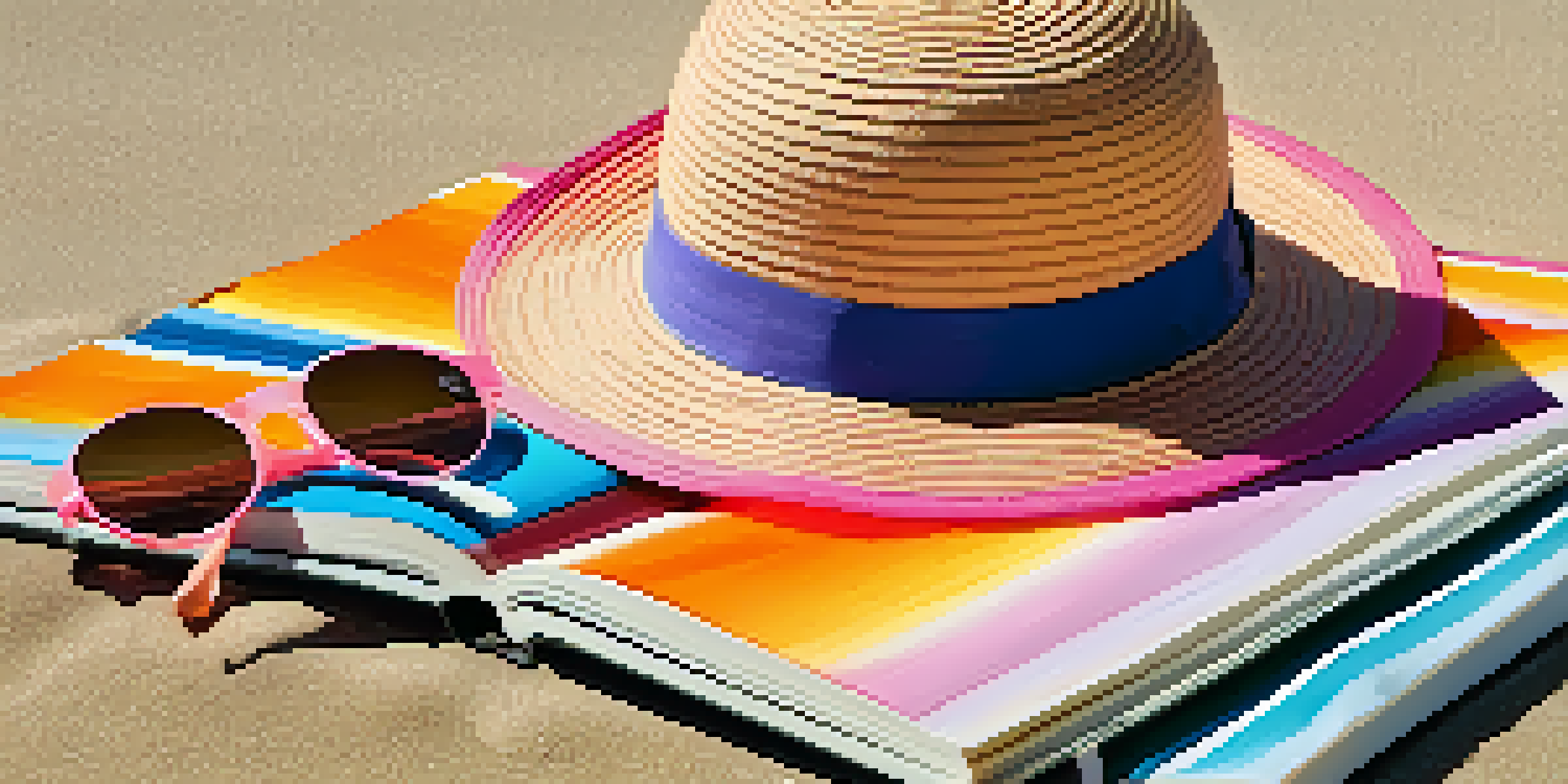 A tranquil beach setting at sunset with a sunhat, sunglasses, and an open travel journal on a beach towel.