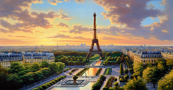 A panoramic view of the Eiffel Tower at sunset with tourists and street vendors in the foreground.