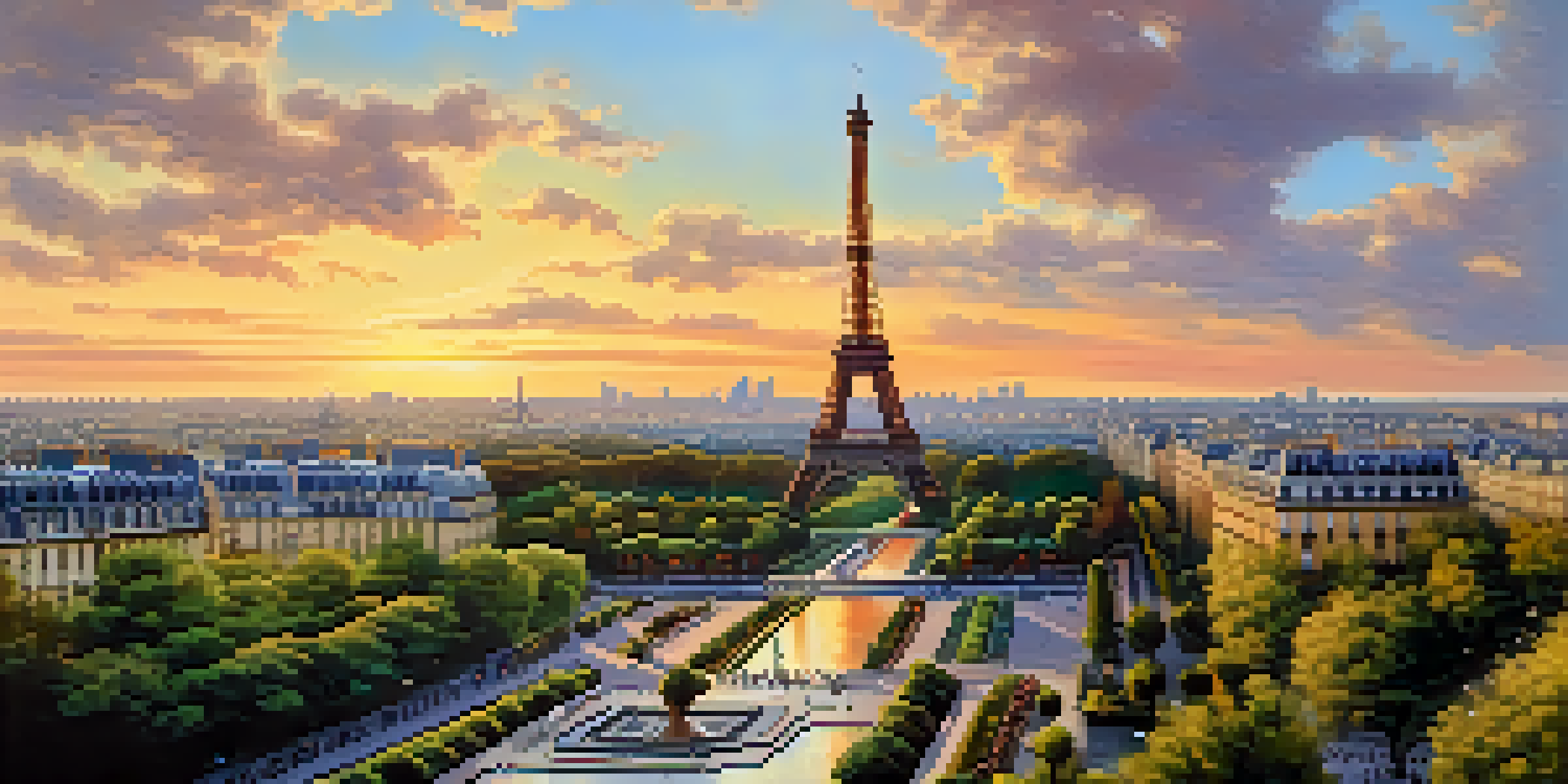 A panoramic view of the Eiffel Tower at sunset with tourists and street vendors in the foreground.