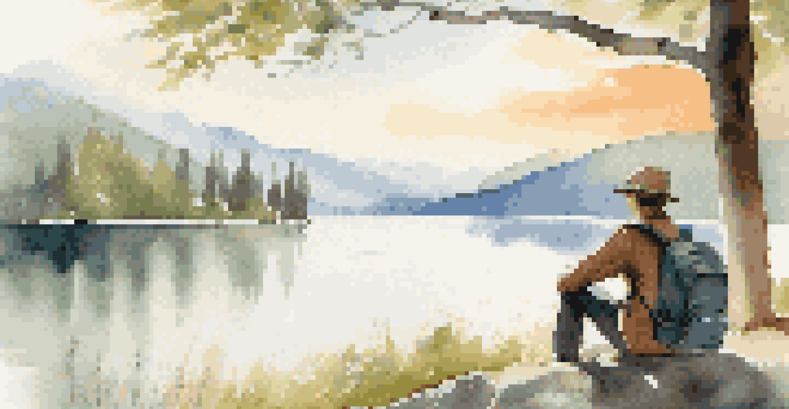 A traveler sitting on a bench by a lake, with mountains in the background and a small backpack beside them, enjoying the serene view.