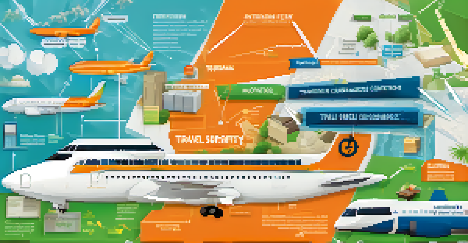 An infographic depicting the travel supply chain enhanced by blockchain technology, featuring icons of airlines, hotels, and tourists.