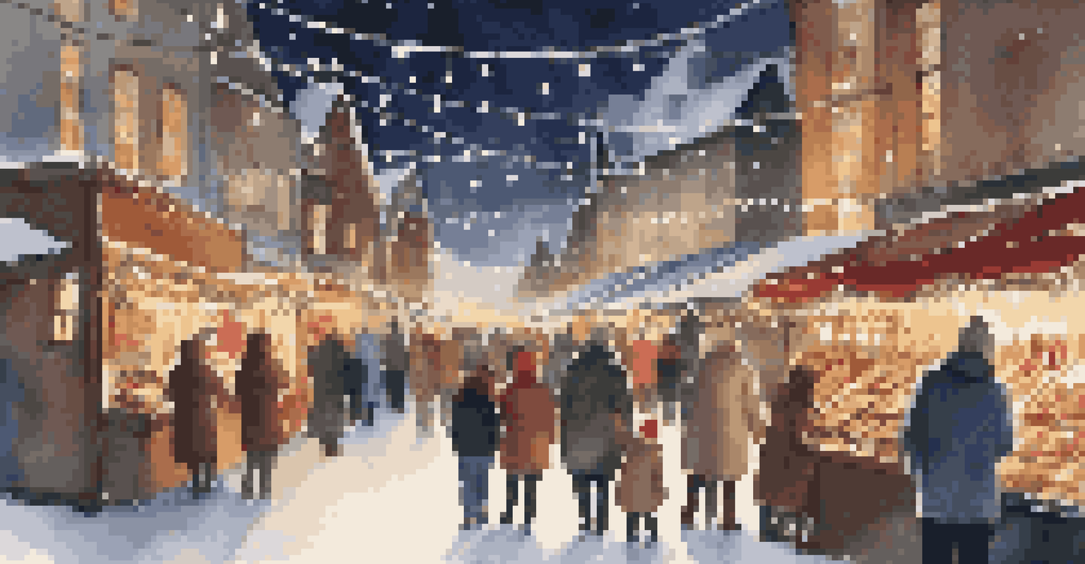 A festive holiday market with stalls of seasonal treats and fairy lights, creating a warm and inviting atmosphere.